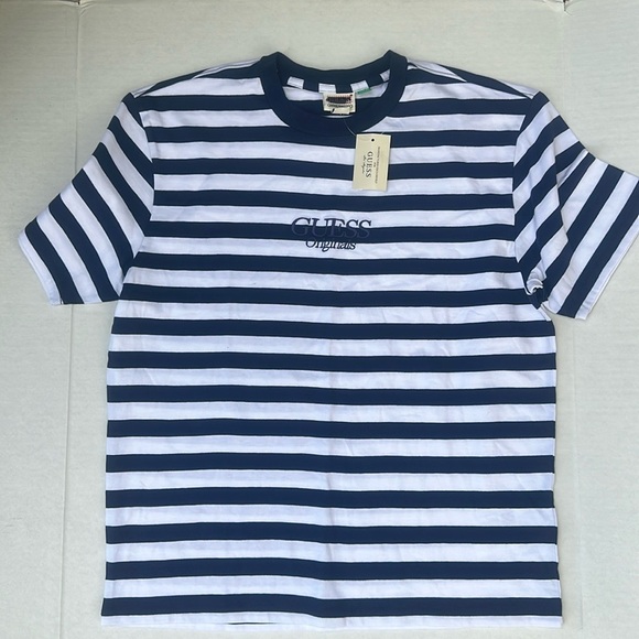 New GUESS ORIGINALS Striped Logo Tee SZ S - Picture 1 of 4
